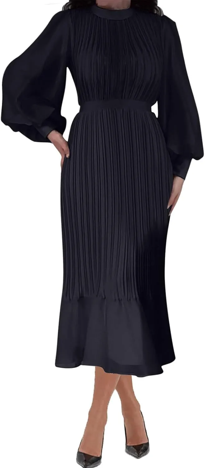HGps8w Women's Lantern Long Sleeve Pleated Dress, Elegant Empire Waist Cocktail Party Wedding Guest Midi Dresses