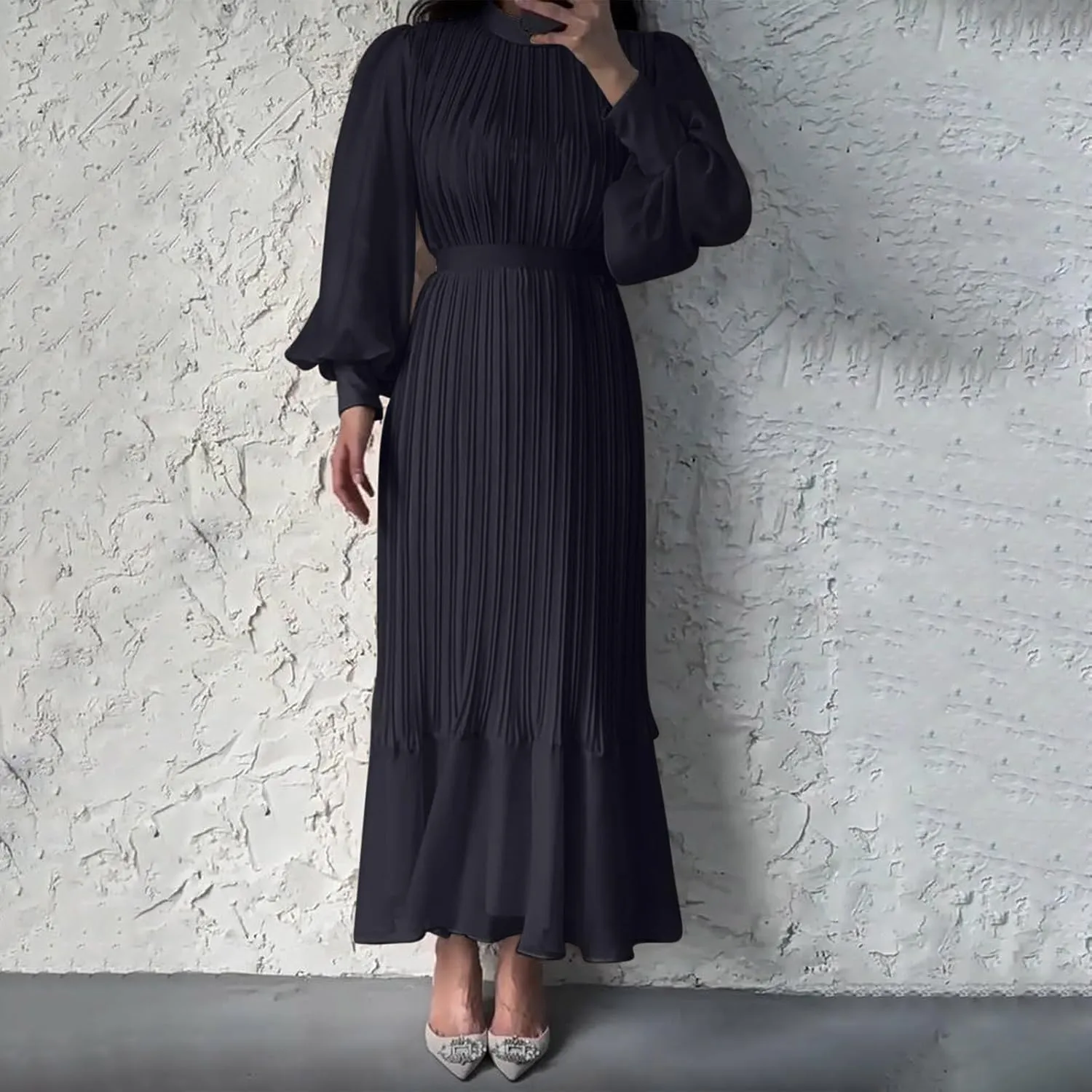 HGps8w Women's Lantern Long Sleeve Pleated Dress, Elegant Empire Waist Cocktail Party Wedding Guest Midi Dresses