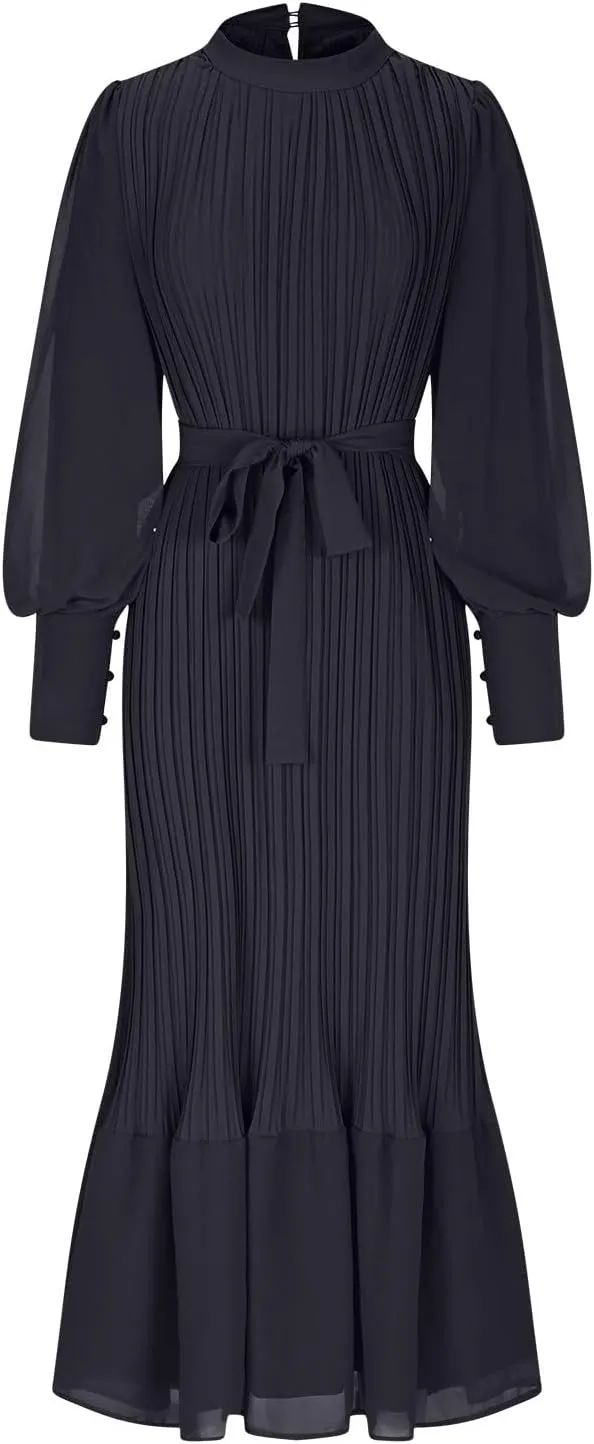 HGps8w Women's Lantern Long Sleeve Pleated Dress, Elegant Empire Waist Cocktail Party Wedding Guest Midi Dresses