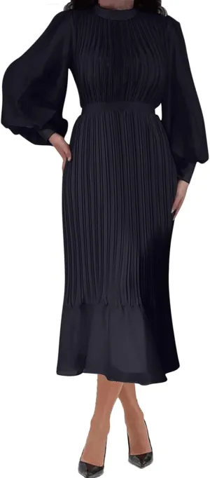 HGps8w Women's Lantern Long Sleeve Pleated Dress, Elegant Empire Waist Cocktail Party Wedding Guest Midi Dresses