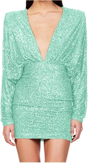 HGps8w Women's Sexy V Neck Batwing Sequin Mini Party Dress Sparkly Glitter Elegant Long Sleeve Bodycon Formal Dresses