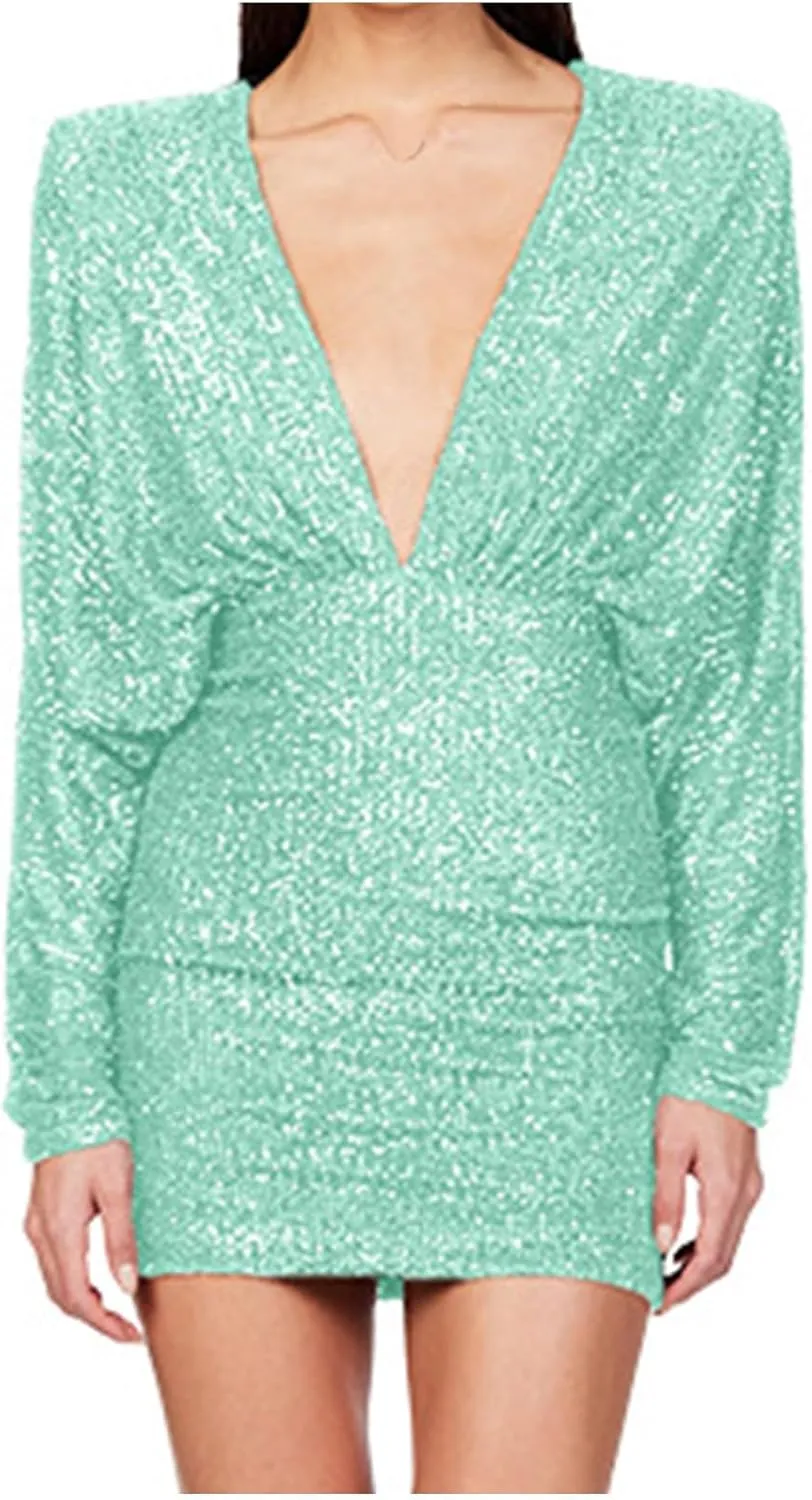 HGps8w Women's Sexy V Neck Batwing Sequin Mini Party Dress Sparkly Glitter Elegant Long Sleeve Bodycon Formal Dresses