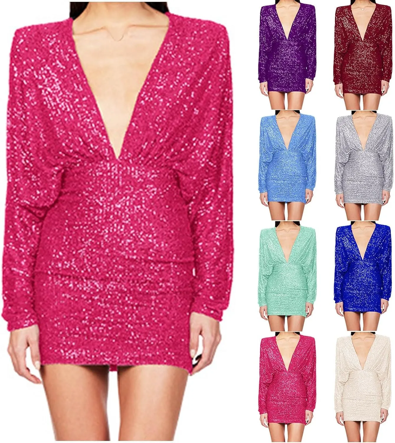 HGps8w Women's Sexy V Neck Batwing Sequin Mini Party Dress Sparkly Glitter Elegant Long Sleeve Bodycon Formal Dresses