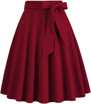 HGps8w Womens Vintage High Waisted A-Line Cocktail Skirt Elegant Belted Waist Flared Midi Skirt for Tea Party