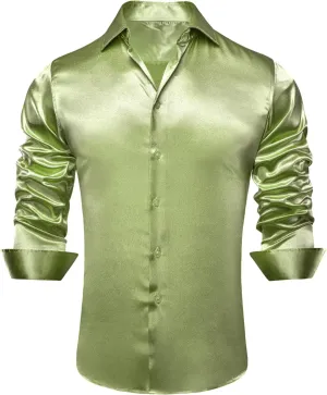 Hi-Tie Solid Sage Green Dress Shirt for Men Long Sleeve Regular Fit Turn Down Collar Shirt Formal Party Prom