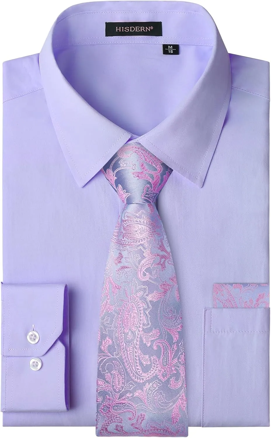 HISDERN Mens Dress Shirt Long Sleeve Matching Tie and Pocket Square Set Classic Button Down Formal Business Shirts