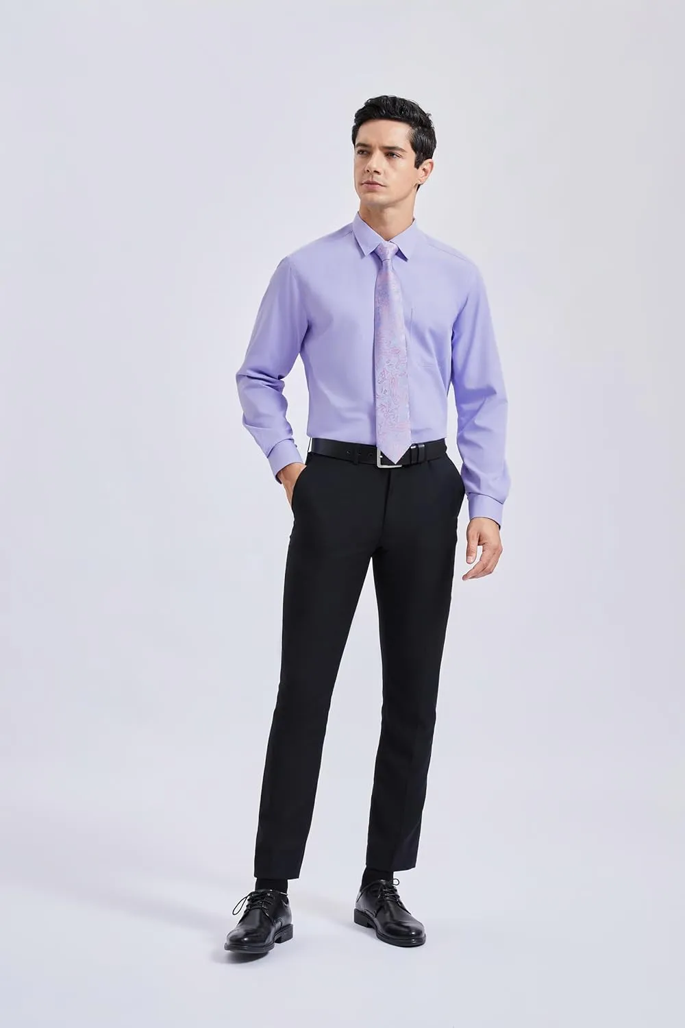 HISDERN Mens Dress Shirt Long Sleeve Matching Tie and Pocket Square Set Classic Button Down Formal Business Shirts