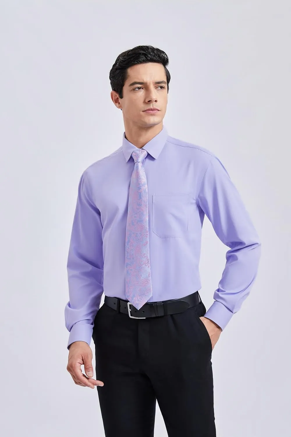 HISDERN Mens Dress Shirt Long Sleeve Matching Tie and Pocket Square Set Classic Button Down Formal Business Shirts