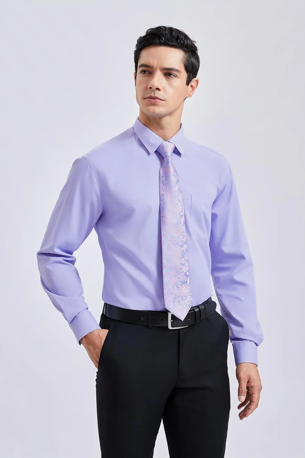 HISDERN Mens Dress Shirt Long Sleeve Matching Tie and Pocket Square Set Classic Button Down Formal Business Shirts