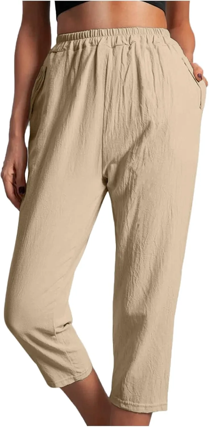 hlysgo Cotton Linen Capri Pants for Women High Waisted Straight Leg Capris 2025 Summer Loose Comfy Casual Cropped Trouser
