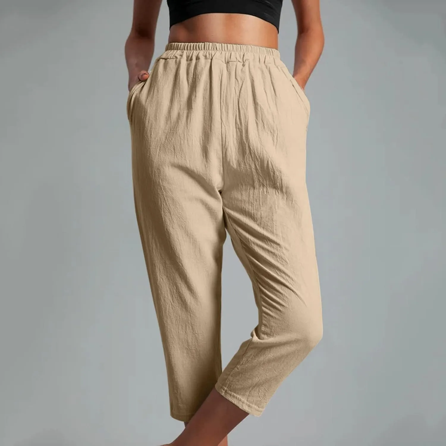 hlysgo Cotton Linen Capri Pants for Women High Waisted Straight Leg Capris 2025 Summer Loose Comfy Casual Cropped Trouser