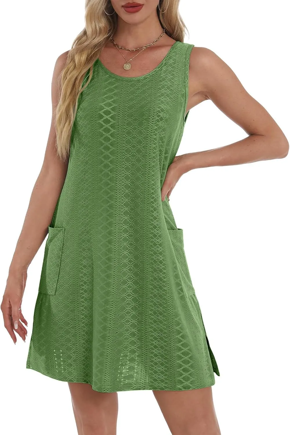 hlysgo Coverup Summer Dresses for Women 2025 Eyelet Casual Loose Sleeveless Mini Sundresses Beach Tank Dresses with Pockets