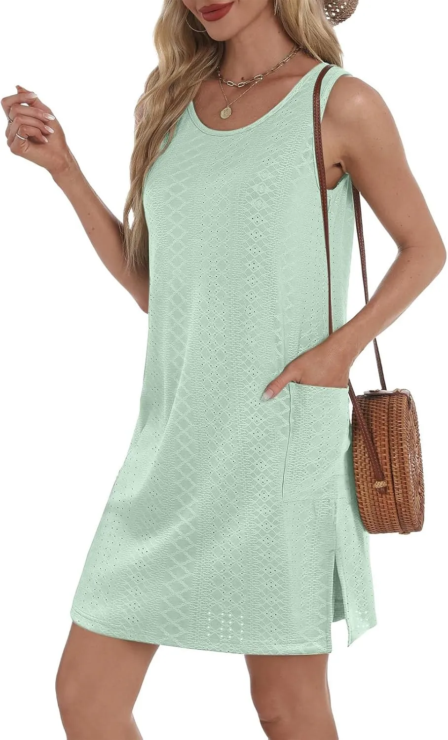 hlysgo Coverup Summer Dresses for Women 2025 Eyelet Casual Loose Sleeveless Mini Sundresses Beach Tank Dresses with Pockets
