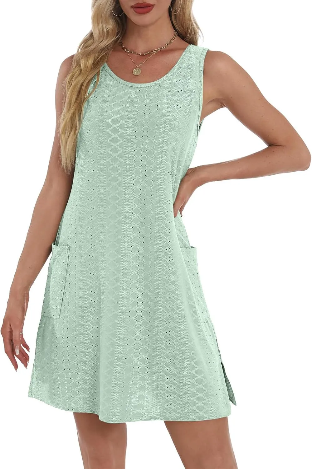 hlysgo Coverup Summer Dresses for Women 2025 Eyelet Casual Loose Sleeveless Mini Sundresses Beach Tank Dresses with Pockets