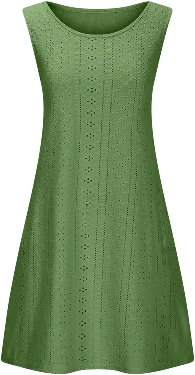 hlysgo Coverup Summer Dresses for Women 2025 Eyelet Casual Loose Sleeveless Mini Sundresses Beach Tank Dresses with Pockets