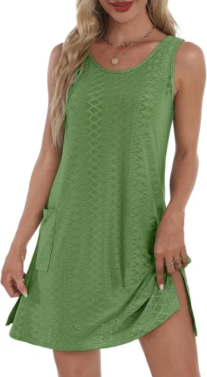hlysgo Coverup Summer Dresses for Women 2025 Eyelet Casual Loose Sleeveless Mini Sundresses Beach Tank Dresses with Pockets