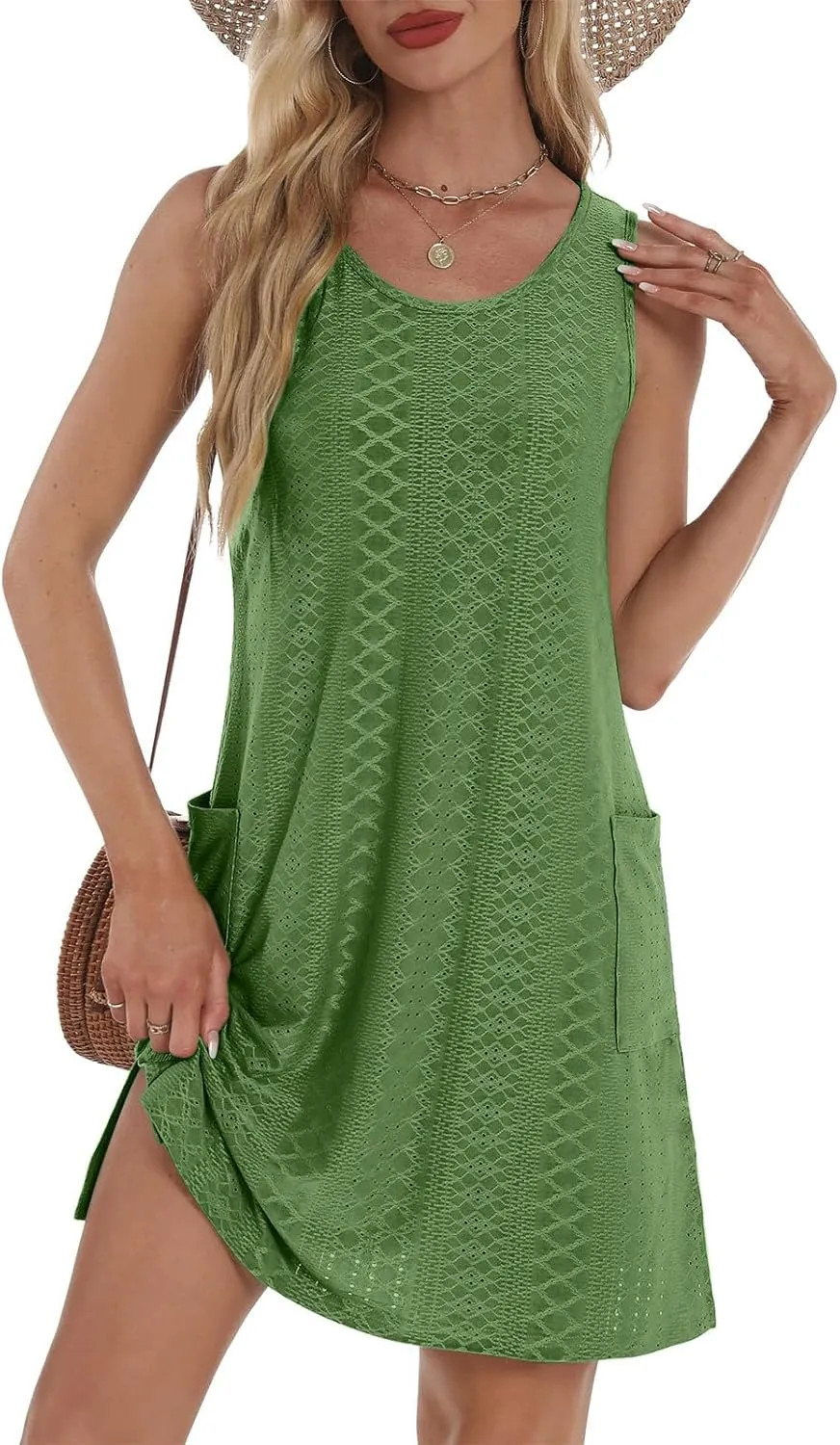 hlysgo Coverup Summer Dresses for Women 2025 Eyelet Casual Loose Sleeveless Mini Sundresses Beach Tank Dresses with Pockets