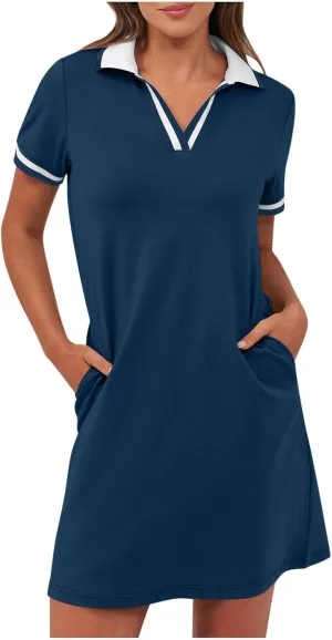 hlysgo Mini Dresses for Women 2025 Summer Casual Short Sleeve V Neck Tennis Dresses Trendy Short T-Shirt Dress with Pockets