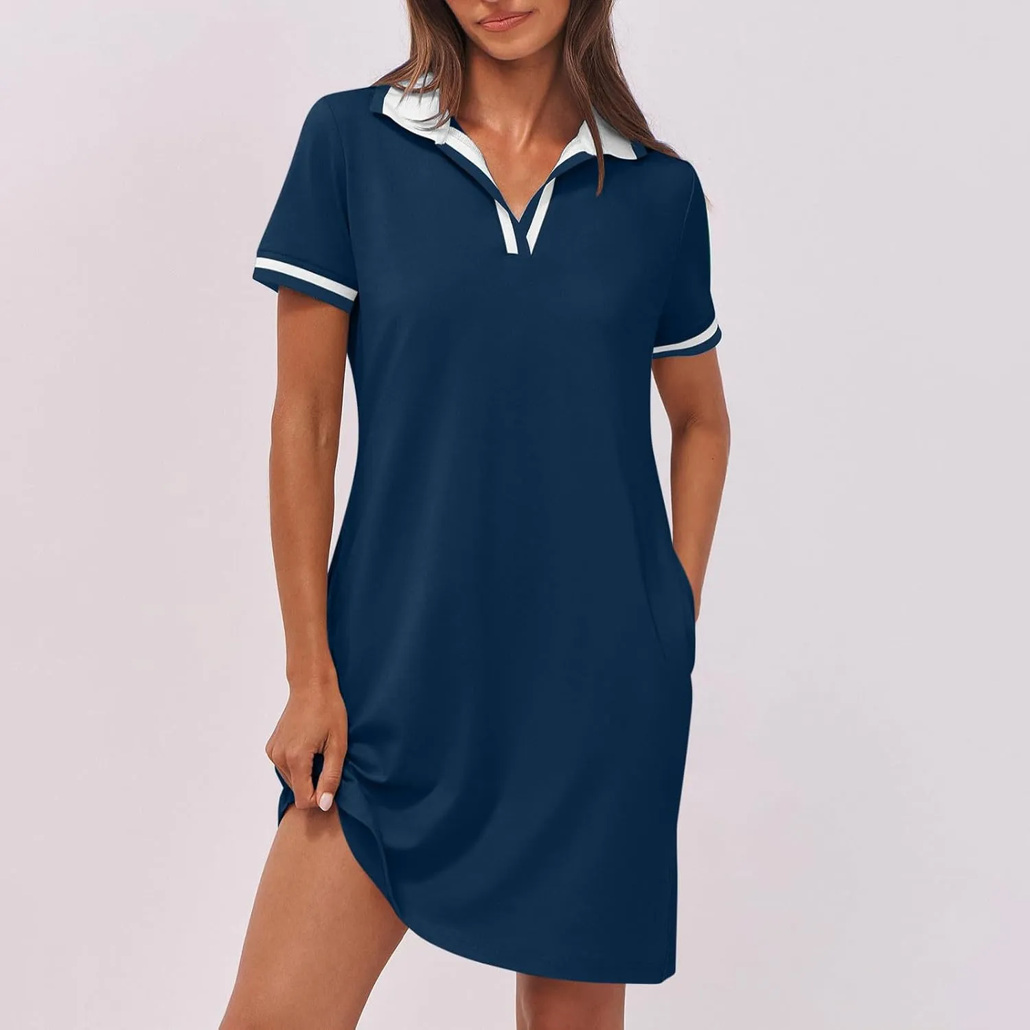 hlysgo Mini Dresses for Women 2025 Summer Casual Short Sleeve V Neck Tennis Dresses Trendy Short T-Shirt Dress with Pockets