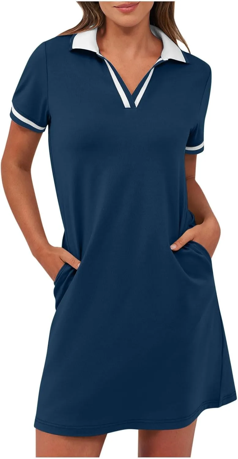 hlysgo Mini Dresses for Women 2025 Summer Casual Short Sleeve V Neck Tennis Dresses Trendy Short T-Shirt Dress with Pockets