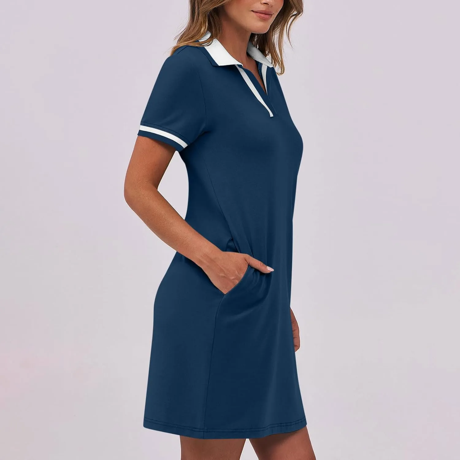 hlysgo Mini Dresses for Women 2025 Summer Casual Short Sleeve V Neck Tennis Dresses Trendy Short T-Shirt Dress with Pockets