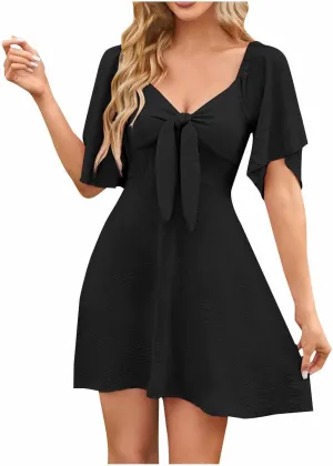 hlysgo Summer Dress for Women 2025 Trendy A-Line Flowy Mini Dress Casual Loose Fit Short Sleeve V Neck Going Out Dresses