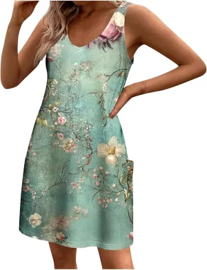 hlysgo Summer Mini Dress for Women Casual Sleeveless V Neck Beach Dresses Trendy Floral Print Short Sundress with Pockets