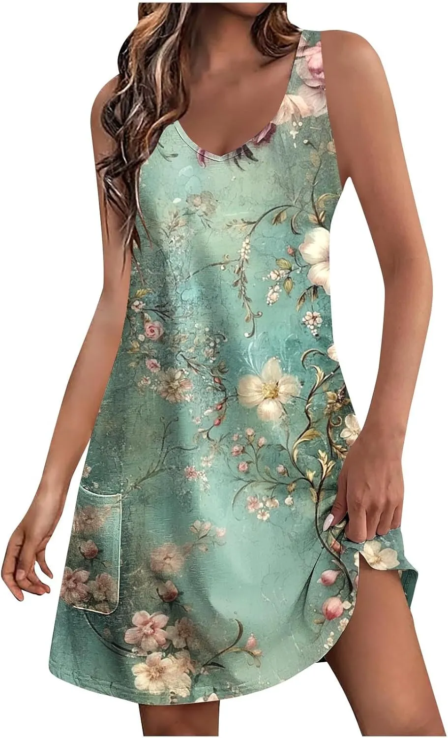 hlysgo Summer Mini Dress for Women Casual Sleeveless V Neck Beach Dresses Trendy Floral Print Short Sundress with Pockets