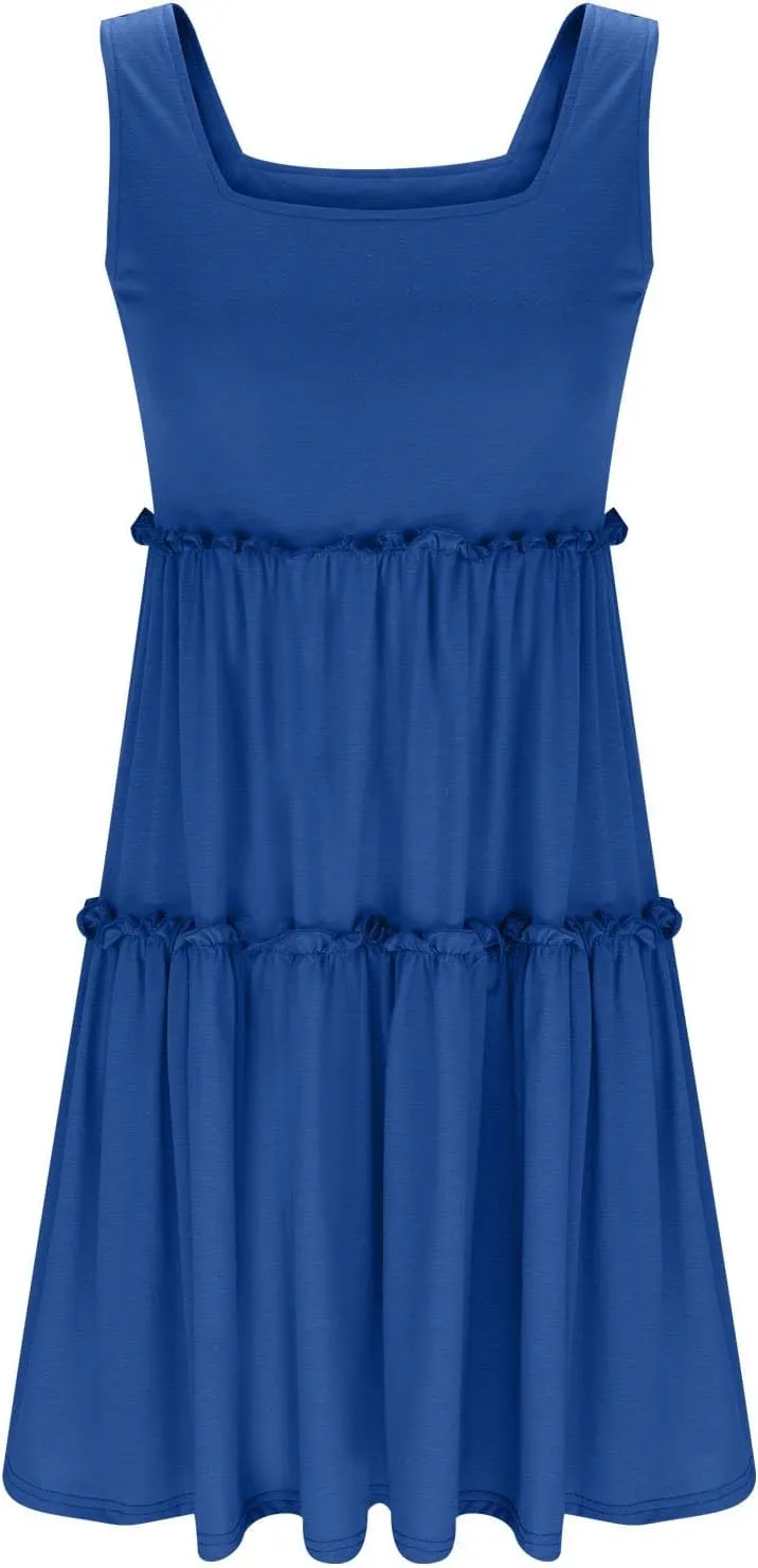 hlysgo Sundresses for Women Trendy Sleeveless Square Neck Tiered Mini Dress Casual Knee Length Beach Dresses Summer Clothes