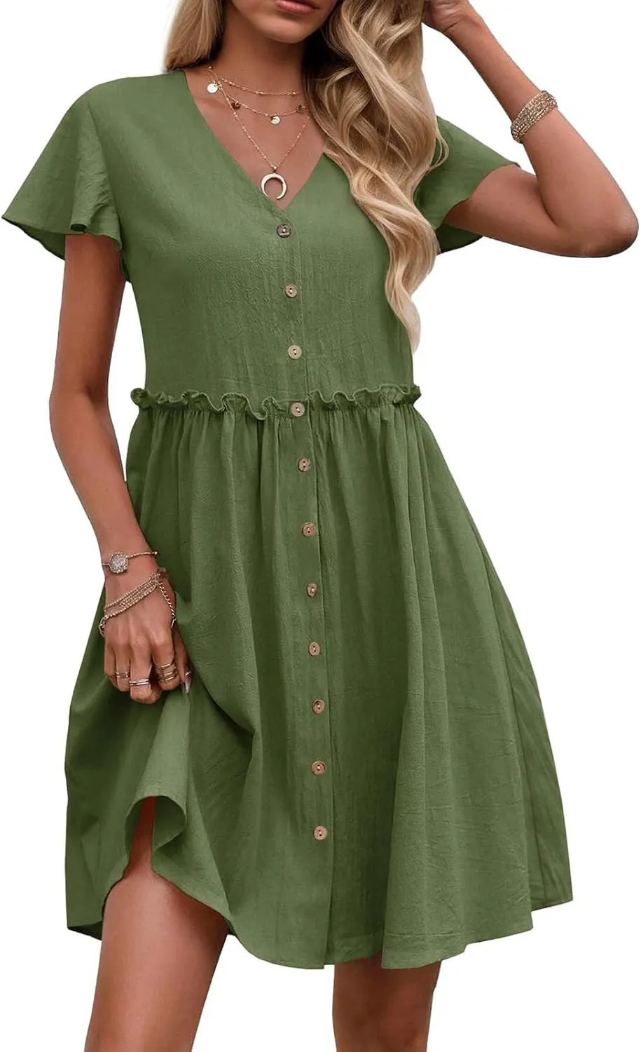 hlysgo Womens Button Down Dress 2025 Summer Loose Fit Flutter Sleeve V Neck Mini Dresses Beach Vacation A Line Casual Dress