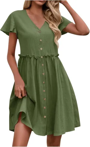 hlysgo Womens Button Down Dress 2025 Summer Loose Fit Flutter Sleeve V Neck Mini Dresses Beach Vacation A Line Casual Dress