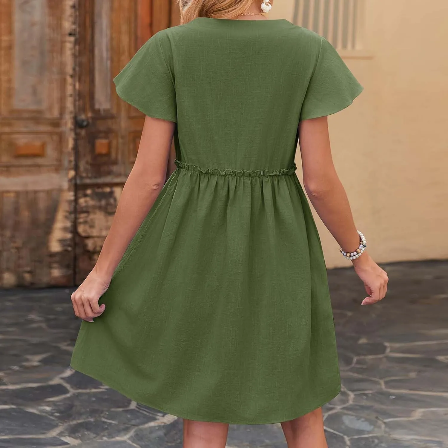 hlysgo Womens Button Down Dress 2025 Summer Loose Fit Flutter Sleeve V Neck Mini Dresses Beach Vacation A Line Casual Dress
