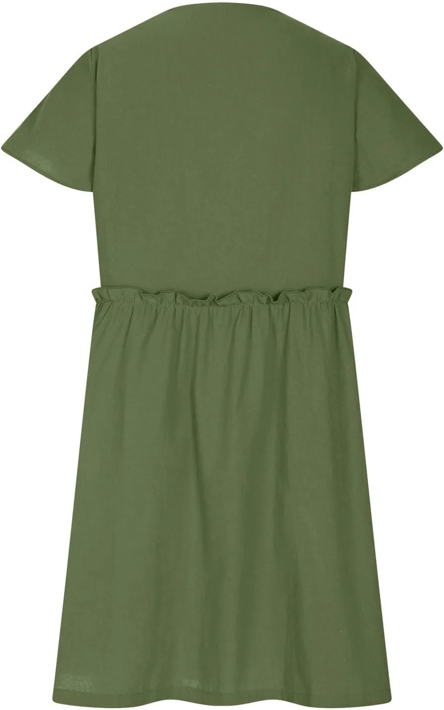 hlysgo Womens Button Down Dress 2025 Summer Loose Fit Flutter Sleeve V Neck Mini Dresses Beach Vacation A Line Casual Dress