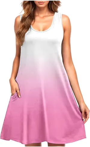 hlysgo Womens Coverup Dress 2025 Summer Sleeveless Crew Neck Mini Dress Trendy Gradient Short Beach Sundress with Pockets