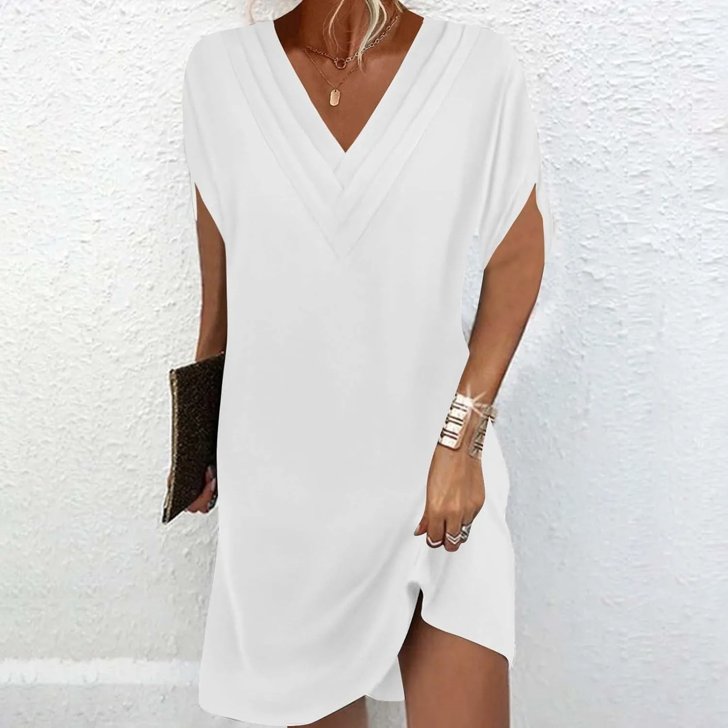 hlysgo Womens Summer Dress Casual Loose Fit Short Sleeve V Neck Mini Dress Cute Knee Length Lounge Dresses for Teen Girls