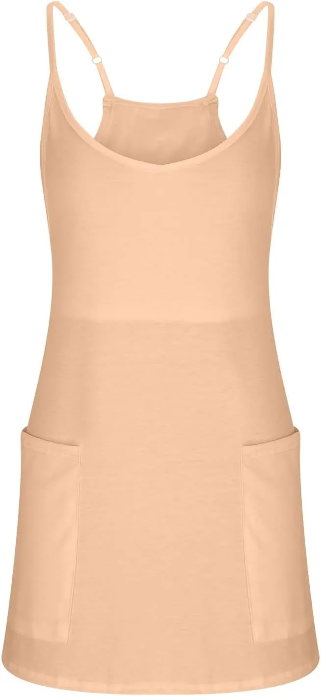 hlysgo Womens Summer Sleeveless Mini Dress Casual V Neck Spaghetti Strap Beach Sundress Athletic Short Dress with Pockets