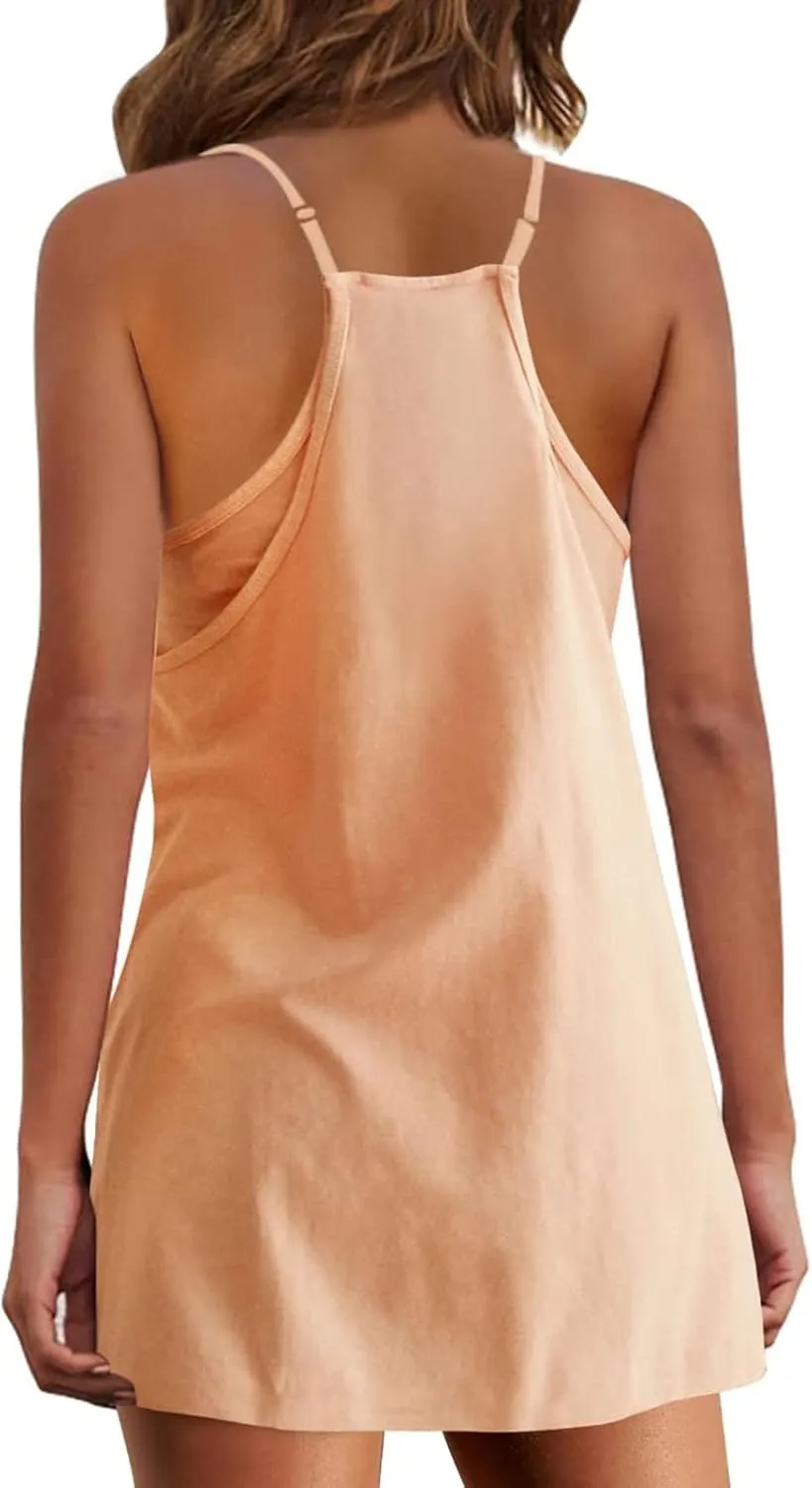 hlysgo Womens Summer Sleeveless Mini Dress Casual V Neck Spaghetti Strap Beach Sundress Athletic Short Dress with Pockets
