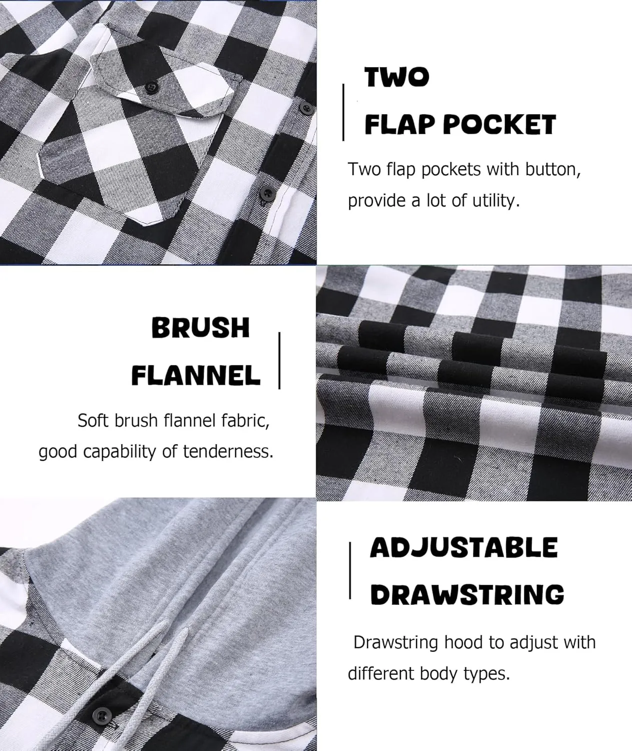 Hooded Flannel Shirt for Men, Lightweight Flannel Jacket Long Sleeve Plaid Causal Button Down Shirts with Pocket