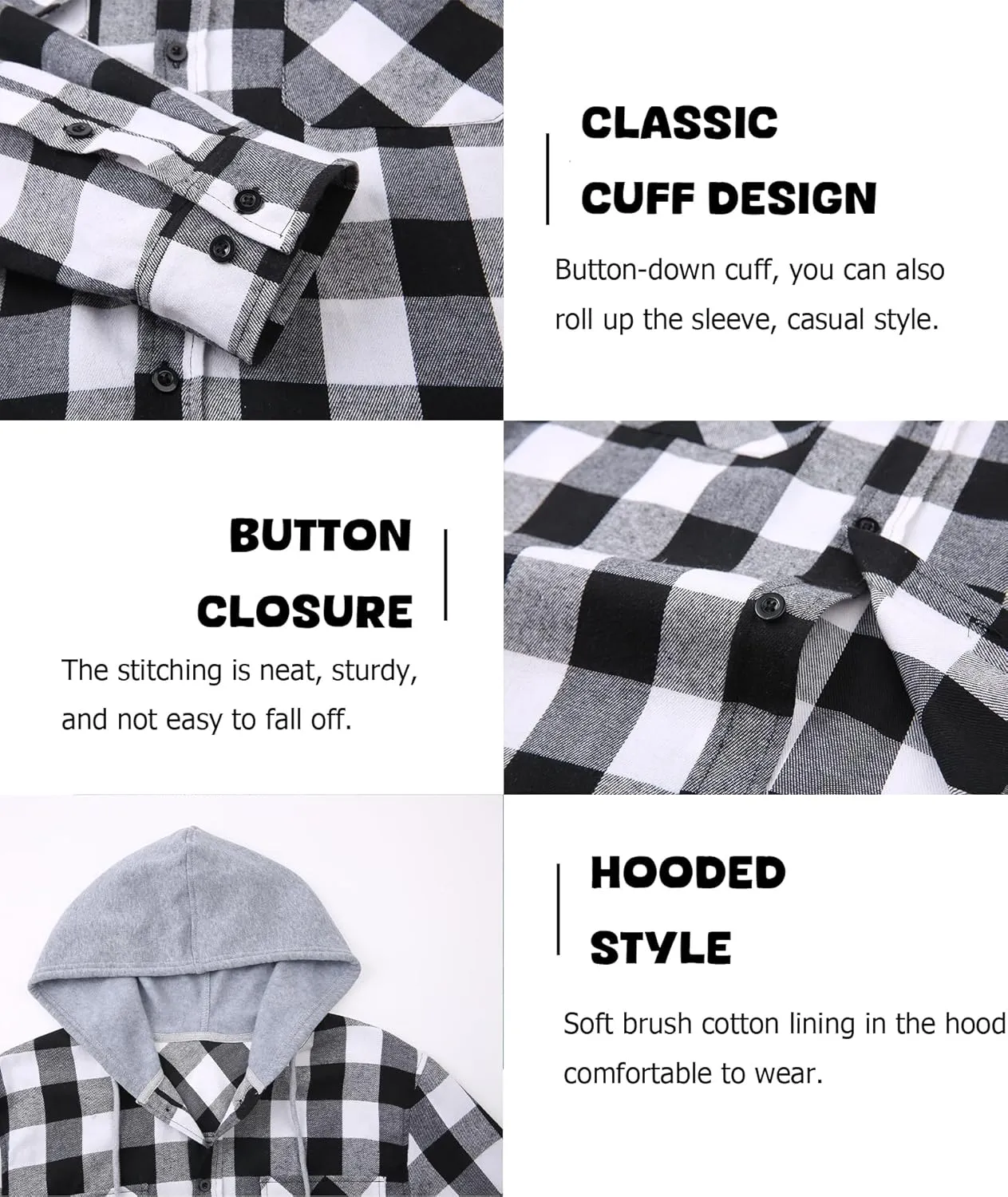 Hooded Flannel Shirt for Men, Lightweight Flannel Jacket Long Sleeve Plaid Causal Button Down Shirts with Pocket