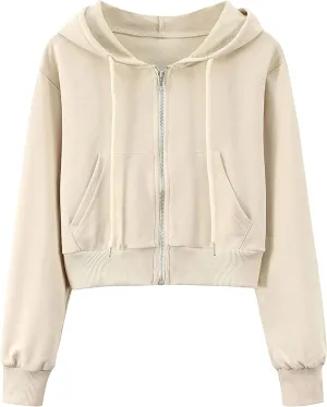 Hooever Womens Cute Workout Cropped Zip Up Drawstring Hoodie Sweatshirt Jacket