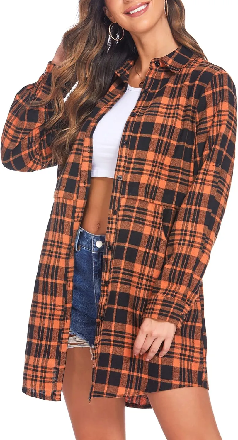 HOTOUCH Womens Flannel Plaid Shirts Roll Up Long Sleeve Mid-Long Casual Boyfriend Shirts with Pockets