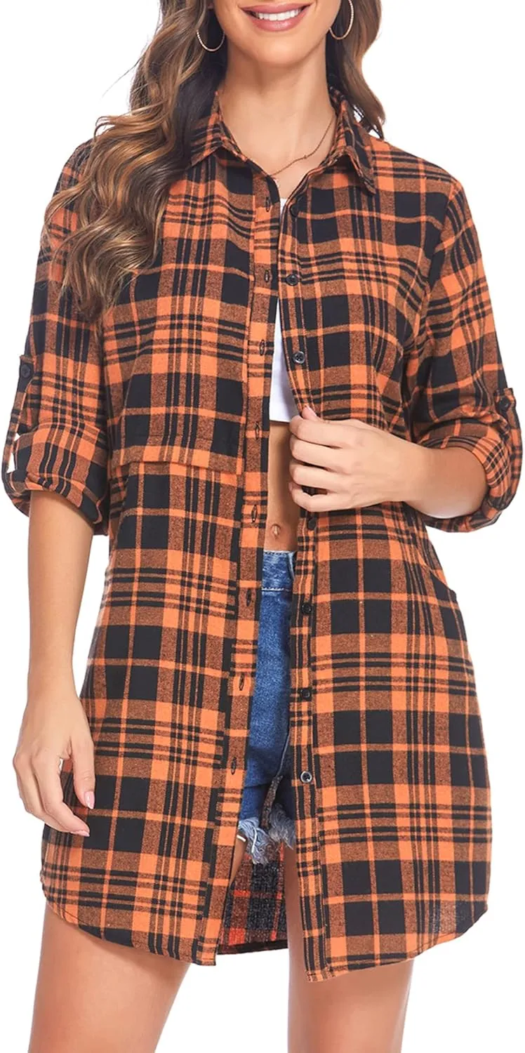 HOTOUCH Womens Flannel Plaid Shirts Roll Up Long Sleeve Mid-Long Casual Boyfriend Shirts with Pockets