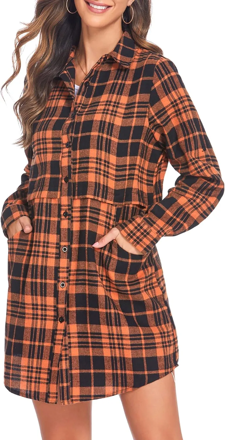 HOTOUCH Womens Flannel Plaid Shirts Roll Up Long Sleeve Mid-Long Casual Boyfriend Shirts with Pockets