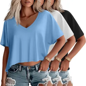 Huukeay 3 Pack Oversized T Shirts for Women Short Sleeve Crop Tops V Neck Irregular Hem Baggy Cropped Tees