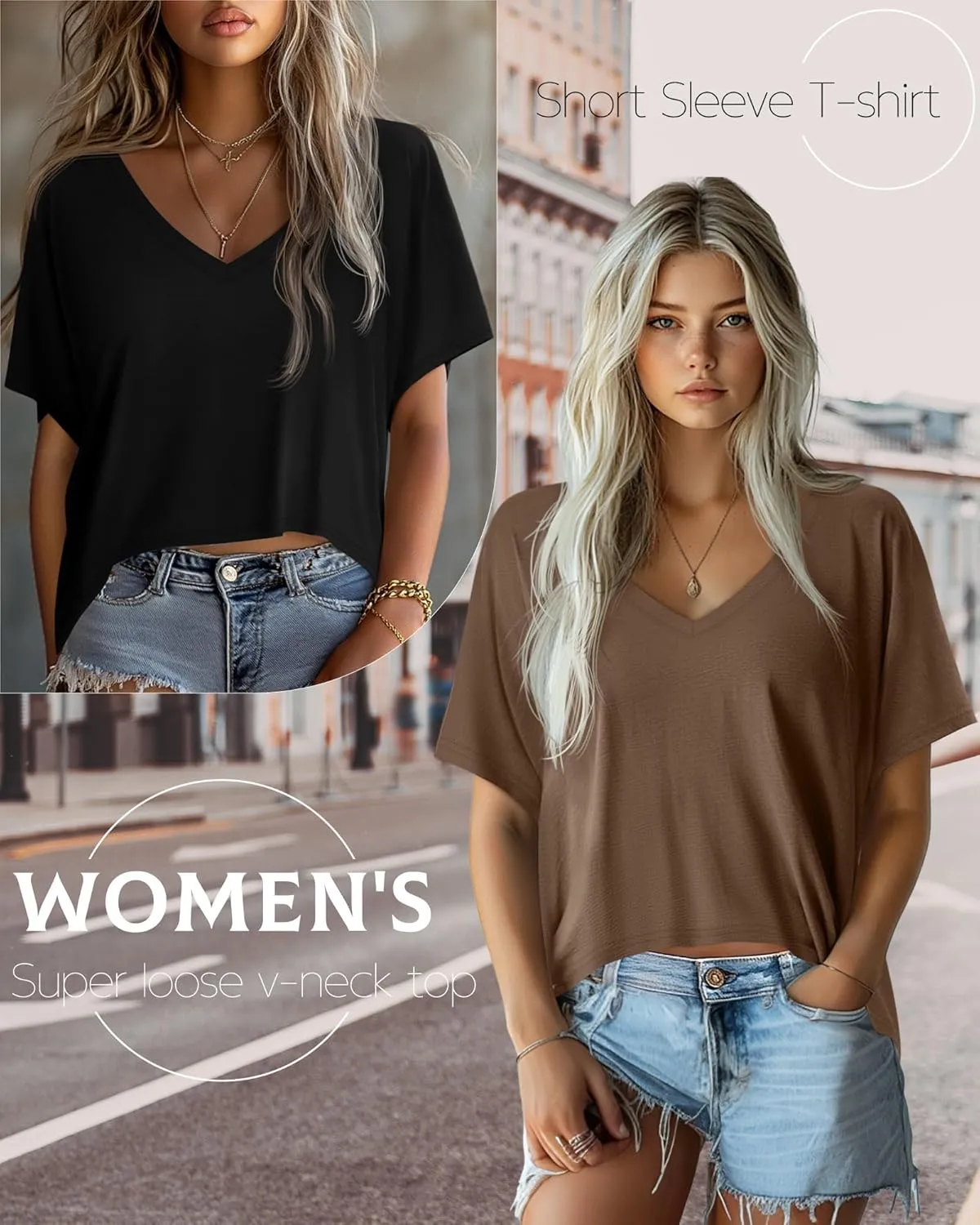 Huukeay 3 Pack Oversized T Shirts for Women Short Sleeve Crop Tops V Neck Irregular Hem Baggy Cropped Tees