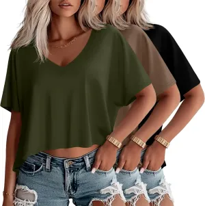 Huukeay 3 Pack Oversized T Shirts for Women Short Sleeve Crop Tops V Neck Irregular Hem Baggy Cropped Tees