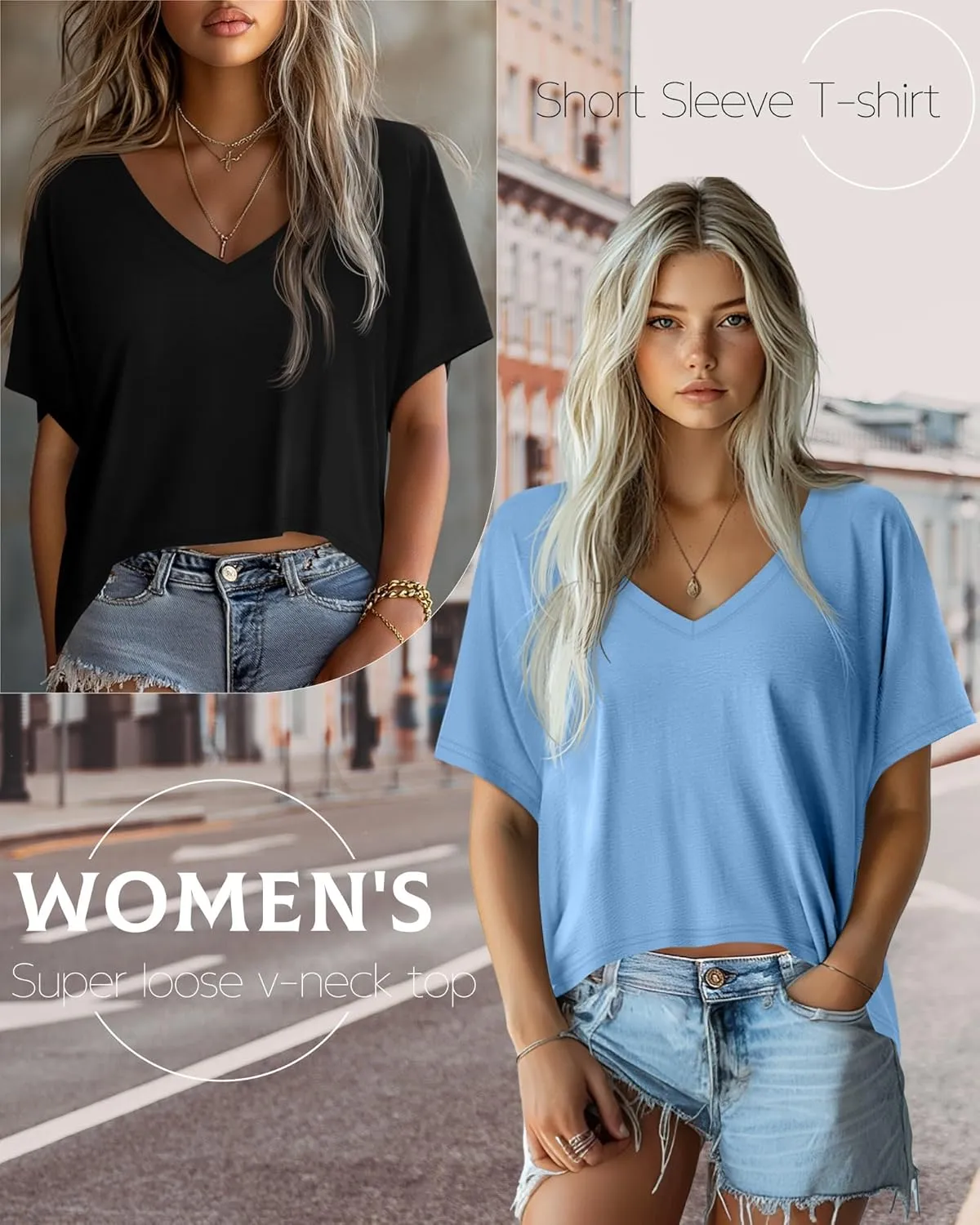 Huukeay 3 Pack Oversized T Shirts for Women Short Sleeve Crop Tops V Neck Irregular Hem Baggy Cropped Tees