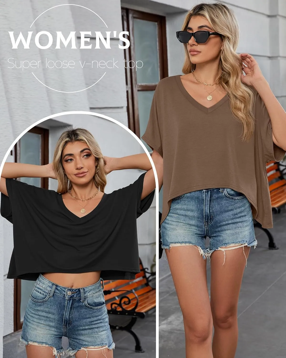 Huukeay 3 Pack Oversized T Shirts for Women Short Sleeve Crop Tops V Neck Irregular Hem Baggy Cropped Tees