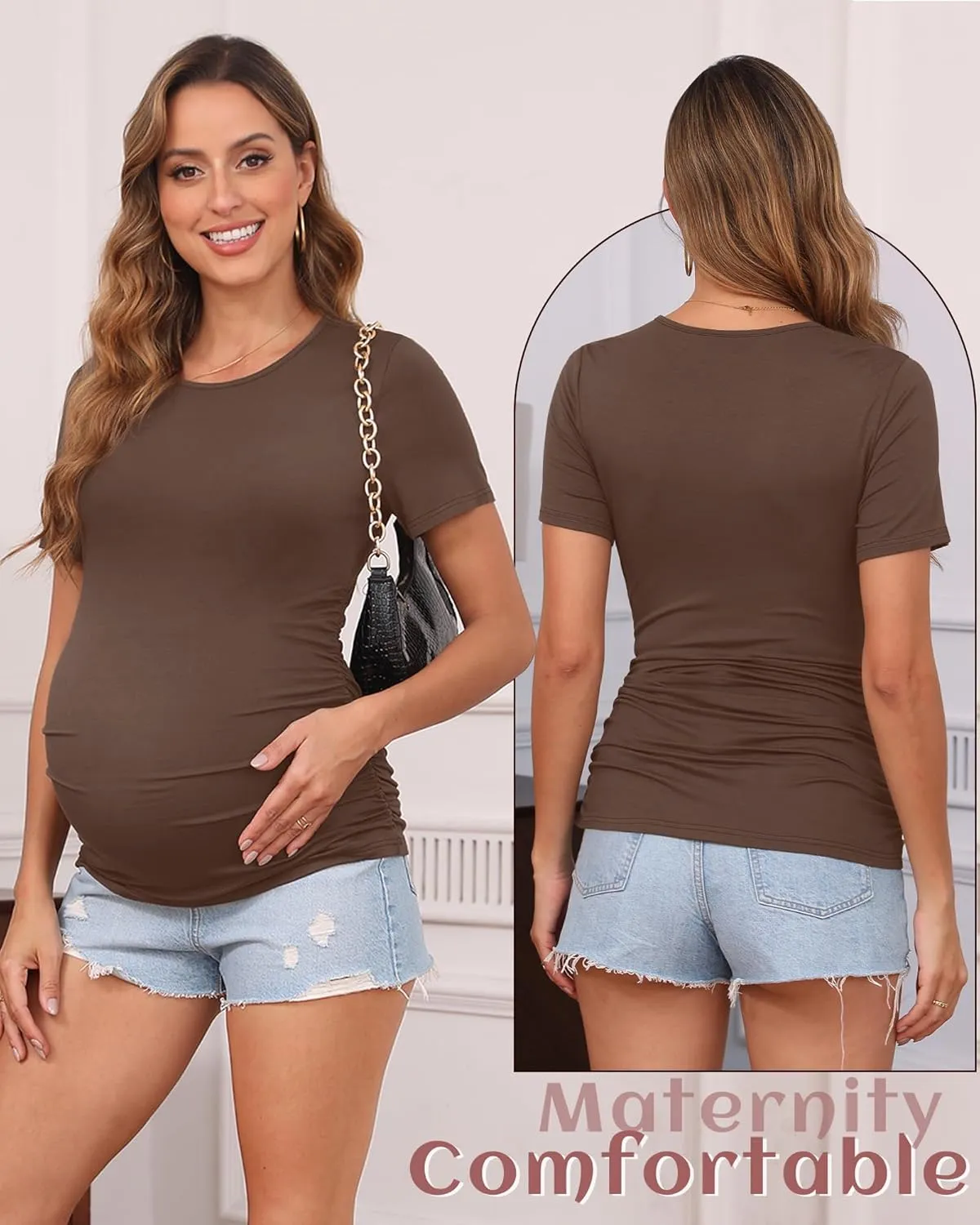 Huukeay 4 Pack Women's Maternity Shirts, Crew Neck Maternity Top Short Sleeve Casual Cotton Tee Side Ruched Pregnancy Clothes