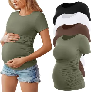 Huukeay 4 Pack Women's Maternity Shirts, Crew Neck Maternity Top Short Sleeve Casual Cotton Tee Side Ruched Pregnancy Clothes